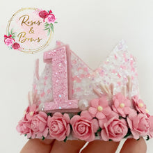 Load image into Gallery viewer, Pink and white birthday crown - glitter party hat - cake smash prop - birthday accessory
