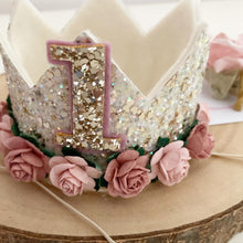 Load image into Gallery viewer, Ivory and pink birthday crown - glitter party hat - cake smash prop - birthday accessory
