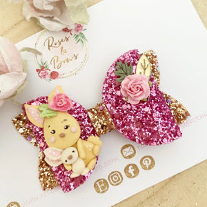 Bunny Gold and Pink Hair Bow Headband or Clip