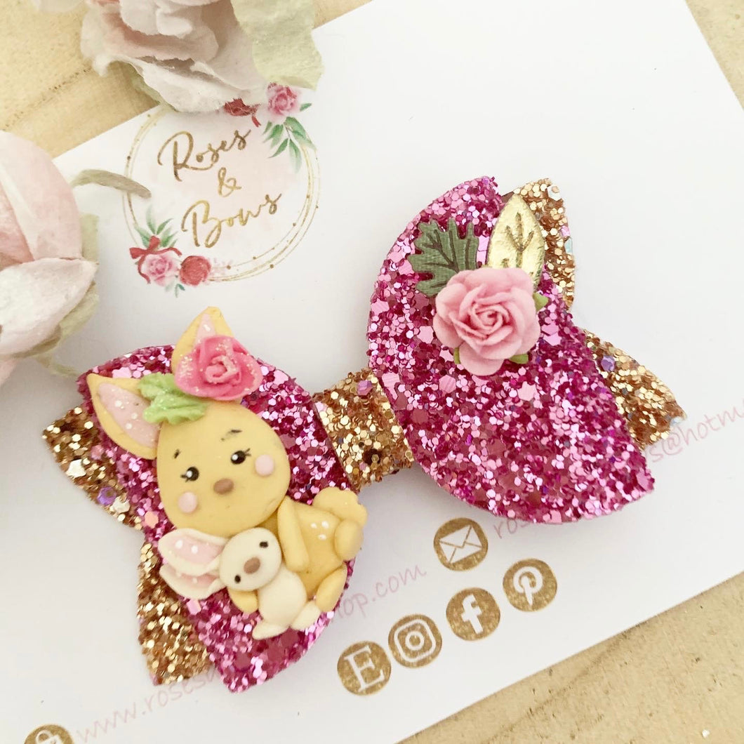 Bunny Gold and Pink Hair Bow Headband or Clip