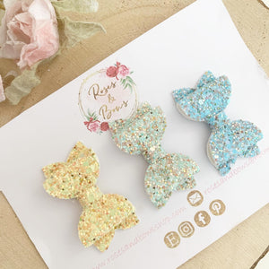 Blue, Green and Lemon Glitter First clip set / Fine Hair Clip Set