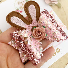 Load image into Gallery viewer, Bunny Ears Glitter Hair Bow Headband or Clip - Pink Sequin Bunny Rabbit Ears Hair Bow
