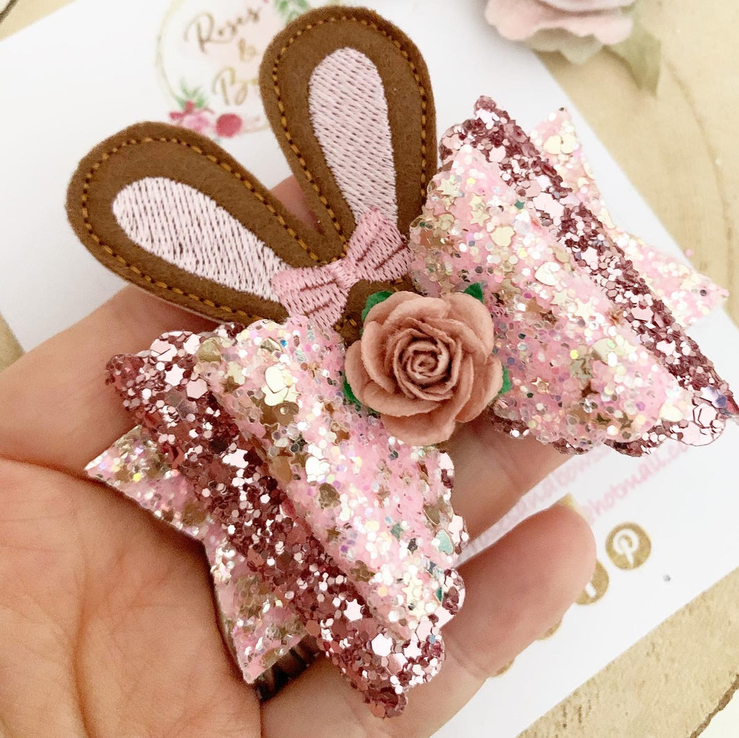Bunny Ears Glitter Hair Bow Headband or Clip - Pink Sequin Bunny Rabbit Ears Hair Bow
