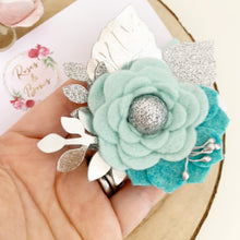 Load image into Gallery viewer, Felt flower clip or headband - aqua and silver flower headband
