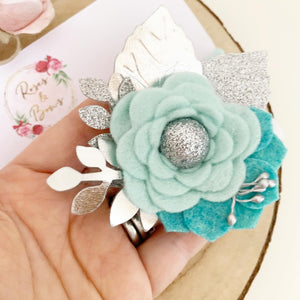 Felt flower clip or headband - aqua and silver flower headband