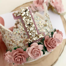 Load image into Gallery viewer, Ivory and pink birthday crown - glitter party hat - cake smash prop - birthday accessory
