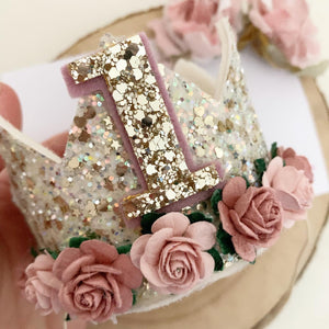 Ivory and pink birthday crown - glitter party hat - cake smash prop - birthday accessory