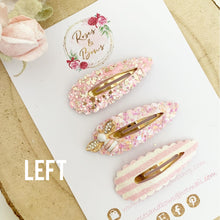 Load image into Gallery viewer, Pink and gold bee scalloped snap clip set
