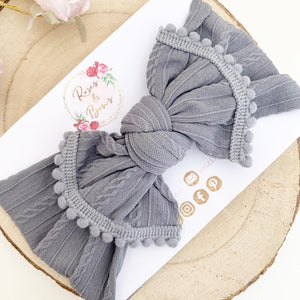 Grey Nylon Pom Pom Trim Headwrap Headband