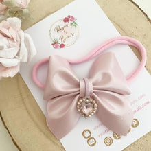 Load image into Gallery viewer, Pink Heart Charm Leatherette Sailor Bow Headband or Clip
