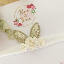 Load image into Gallery viewer, Dainty Bunny Ears Easter headband - White and Gold Headband
