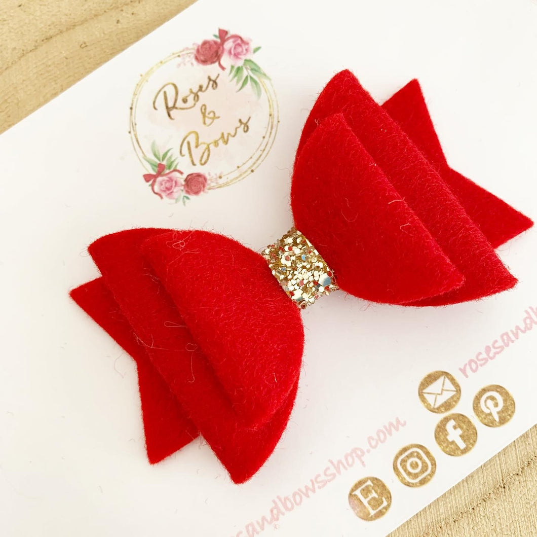Red Felt and Glitter Hair Bow Clip or Headband
