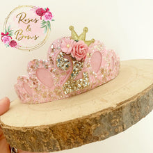 Load image into Gallery viewer, Birthday tiara, pink and gold glitter tiara - princess crown - birthday accessory - custom ages
