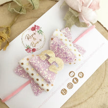 Load image into Gallery viewer, Pink and Gold Birthday Number Hair Bow Headband or clip
