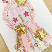 Load image into Gallery viewer, Pink and Gold Star Number Birthday Badge / Button
