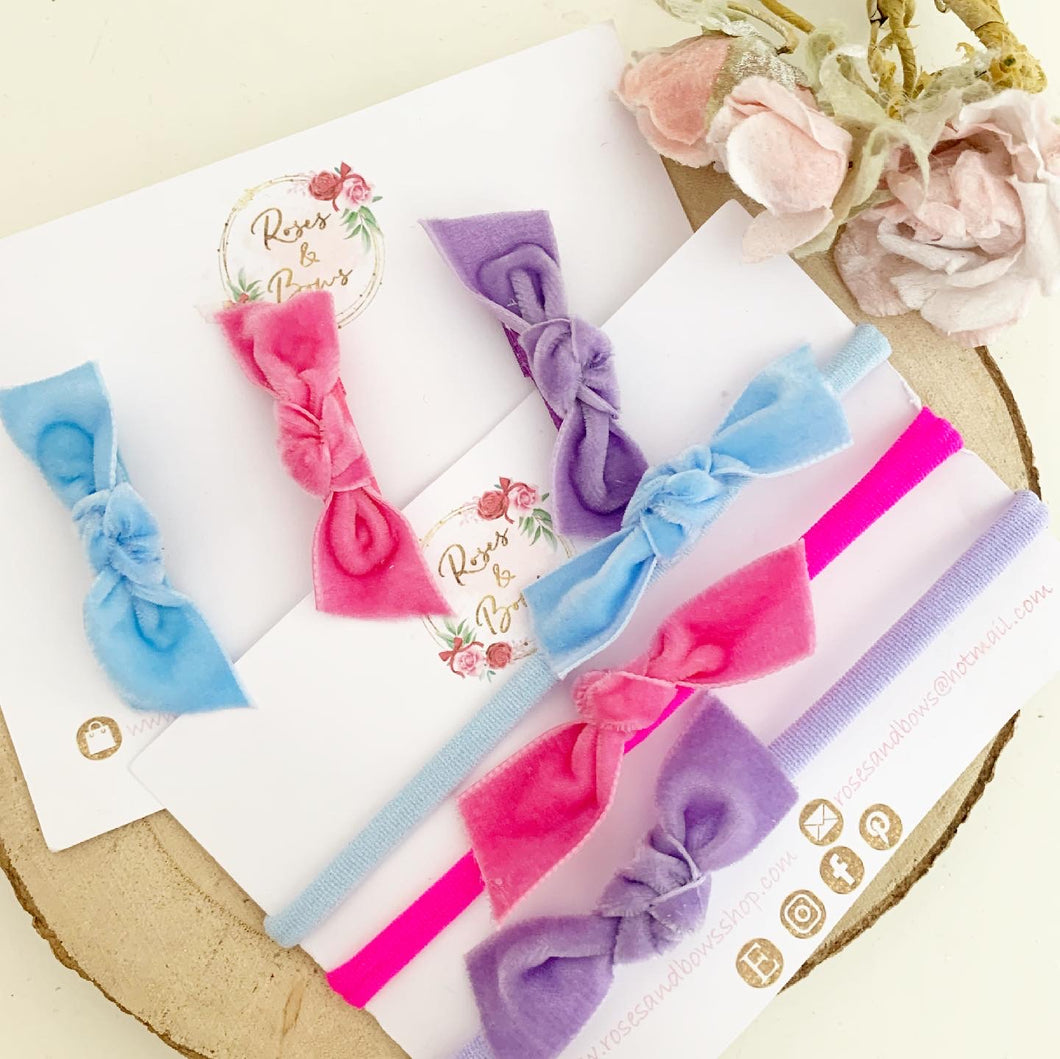 Velvet knot hair bow headband or clip set - bright pink, blue and lilac