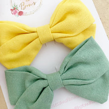 Load image into Gallery viewer, Yellow and Green Cotton Hair Bow Headband or Clip set of 2
