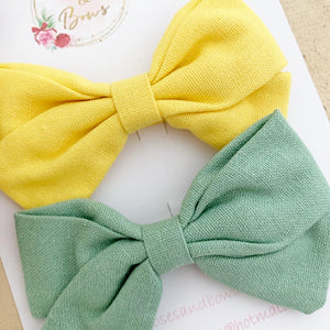 Yellow and Green Cotton Hair Bow Headband or Clip set of 2