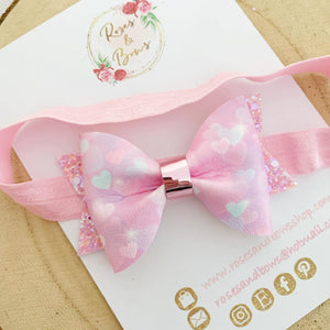 Pink Heart Valentines Hair Bow Headband or Clip