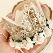 Load image into Gallery viewer, Ivory birthday crown - glitter party hat - cake smash prop - birthday accessory
