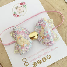 Load image into Gallery viewer, Floral Duck Glitter Hair Bow Headband or Clip - Pink Sequin Bunny Rabbit Ears Hair Bow
