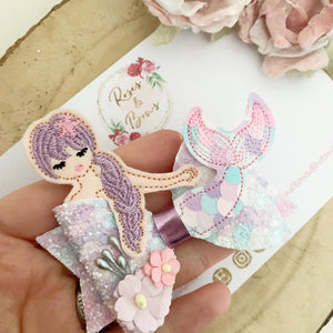 Mermaid Embroidered Hair Bow Clip or Headband