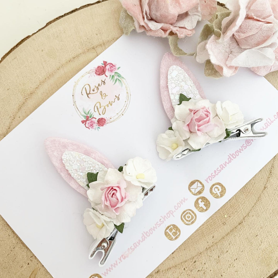 Pink and White Stand Up Bunny Ear Clips - Easter Bunny Clips