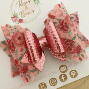 Pink Floral Hair Bow Headband or Clip