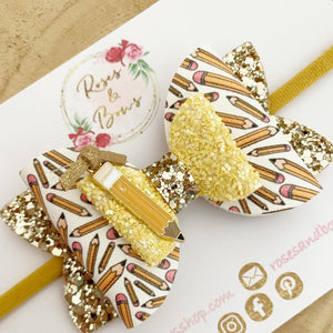 School Pencil Glitter Hair Bow Headband or Clip