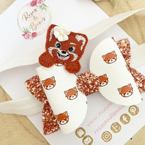 Red Panda Embroidered Leatherette and Glitter Bow Headband or Clip