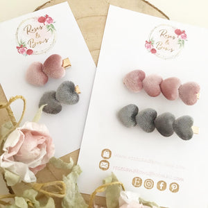 Velvet Heart Valentines clip set - Light Pink And Grey Clip Set