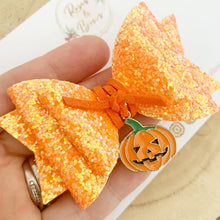 Load image into Gallery viewer, Orange Pumpkin Glitter Hair Bow Headband or Clip
