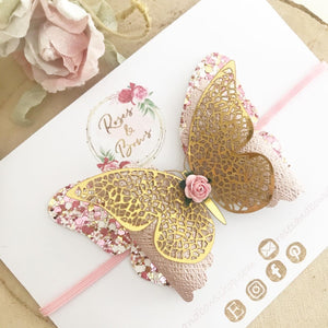 Pink and Gold Butterfly Glitter Bow Headband or Clip