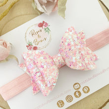 Load image into Gallery viewer, Pink Heart Glitter Hair Bow Headband or Clip
