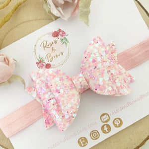 Pink Heart Glitter Hair Bow Headband or Clip