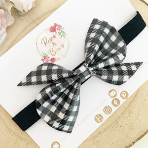 Black and White Gingham Leatherette Hair Bow Headband or Clip