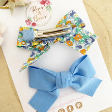 Load image into Gallery viewer, Blue Cotton Tie Bow Clip Set
