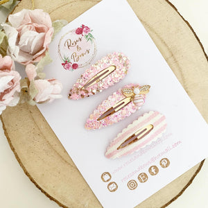 Pink and gold bee scalloped snap clip set