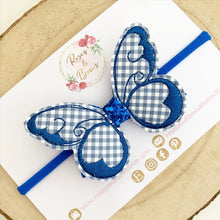 Load image into Gallery viewer, Royal blue School Gingham butterfly Hair Bow Headband or Clip
