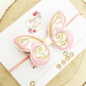 Pink and Gold Glitter Butterfly Bow Headband or Clip