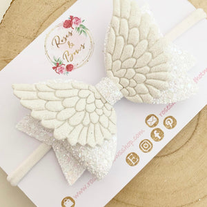 Angel Wings White Glitter Hair Bow Headband or Clip