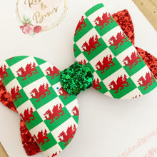 Load image into Gallery viewer, Welsh Flag St David’s Day Leatherette and Glitter Bow Headband or Clip
