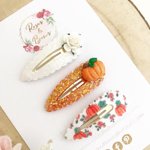 Pumpkin glitter scalloped snap clip set