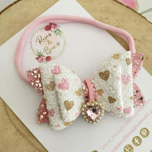 Load image into Gallery viewer, Pink Pearl Glitter Heart Charm Valentine’s Day Hair Bow Headband or Clip
