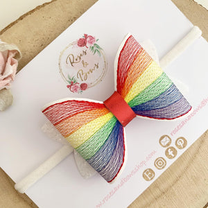 Bright Rainbow Embroidered Leatherette and Glitter Bow Headband or Clip