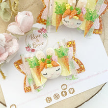 Load image into Gallery viewer, Bunny Transparent and Glitter Carrot Hair Bow Headband or Clip
