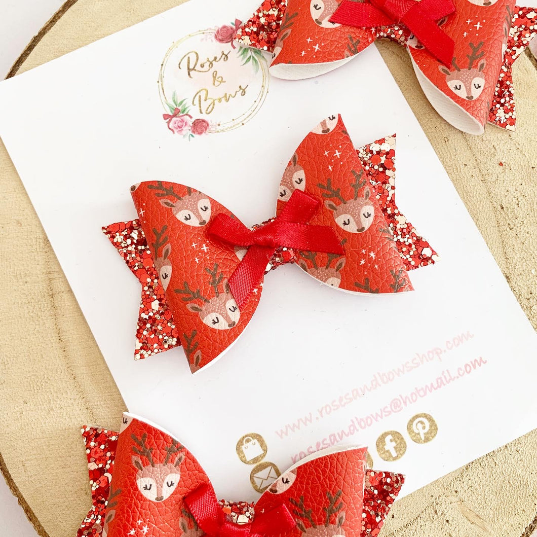 Red reindeer Hair Bow Headband or Clip