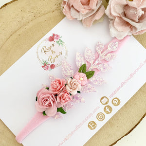 Pink flower and leaf headband or clip - Flower Crown Headband