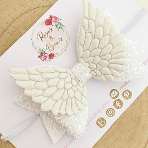 Angel Wings White Glitter Hair Bow Headband or Clip