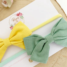 Load image into Gallery viewer, Yellow and Green Cotton Hair Bow Headband or Clip set of 2
